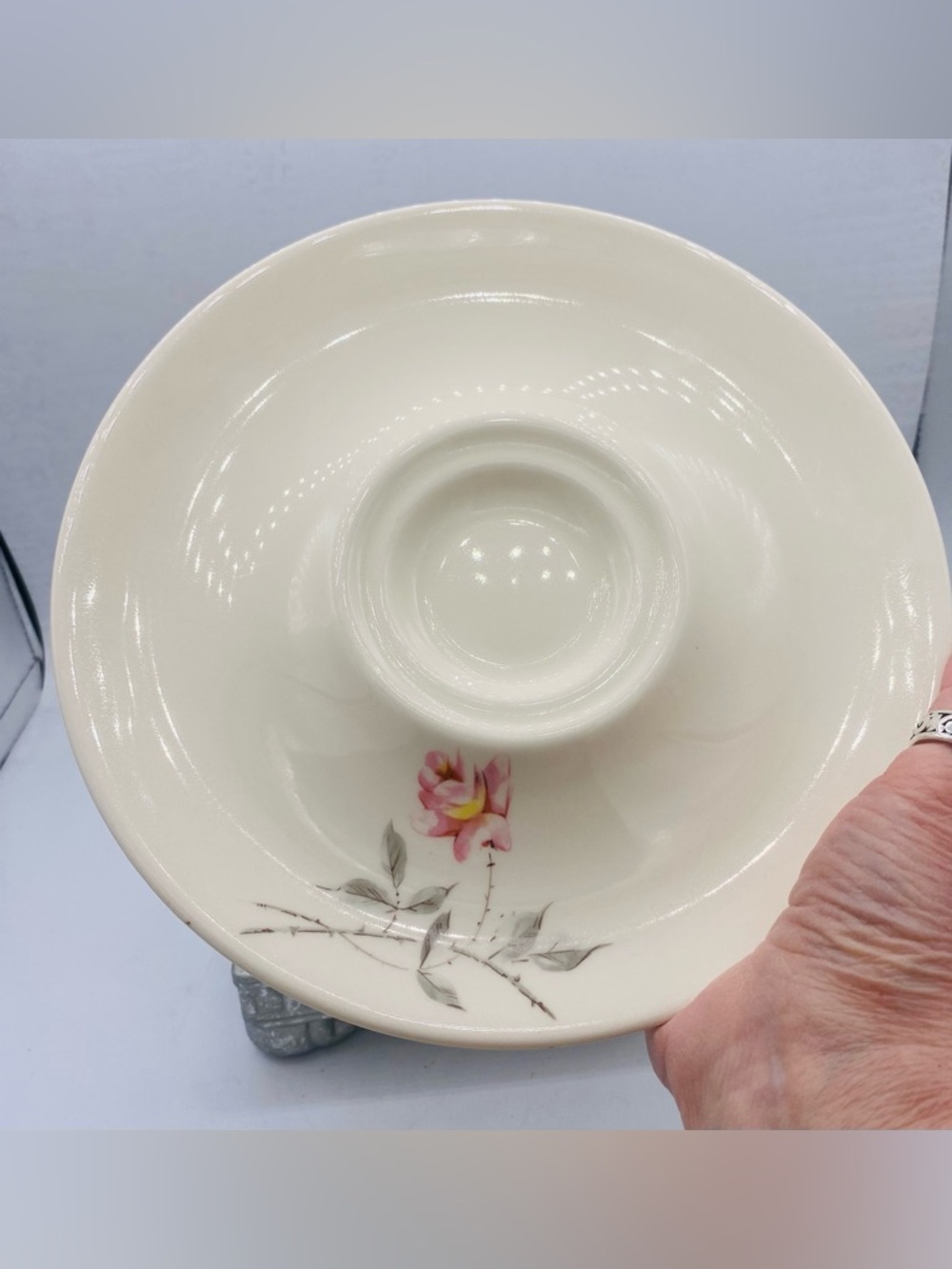 Vintage Cream Pink Rose  Floral Design Porcelain Gravy Boat with Saucer MCM - Picture 8 of 11